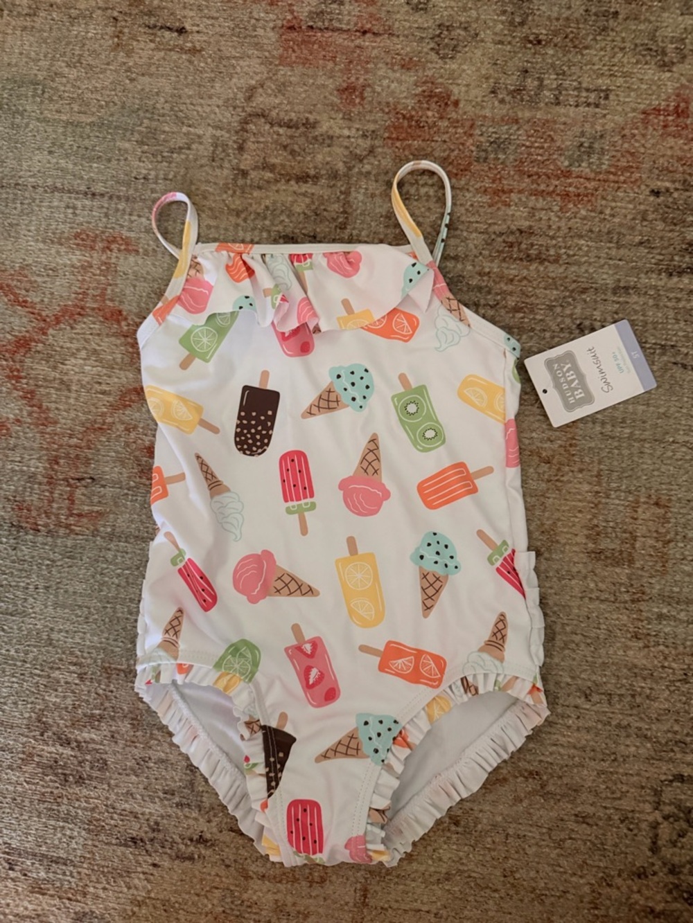 Hudson Baby White One-Piece Swimsuit with Multicolor Ice Cream Print